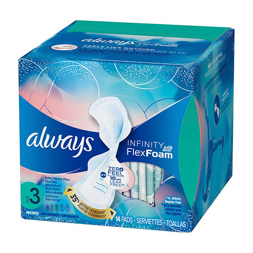 Always Infinity Size 3 Extra Heavy Flow Pads with Wing, Unscented, 14 Ea